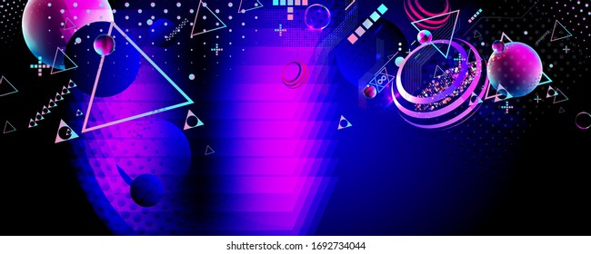 Dark retro futuristic art neon abstraction background cosmos new art 3d starry sky glowing galaxy and planets blue circles