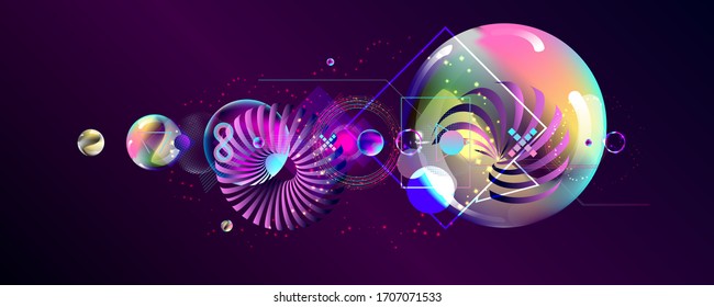 Dark retro futuristic art neon abstraction background cosmos new art 3d starry sky glowing galaxy and planets blue circles