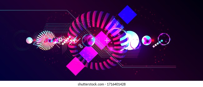 Dark retro futuristic art neon abstraction background cosmos new art 3d starry sky glowing galaxy and planets blue circles