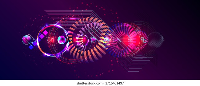 Dark retro futuristic art neon abstraction background cosmos new art 3d starry sky glowing galaxy and planets blue circles