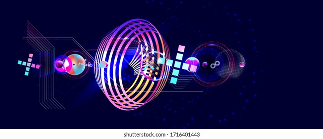 Dark retro futuristic art neon abstraction background cosmos new art 3d starry sky glowing galaxy and planets blue circles
