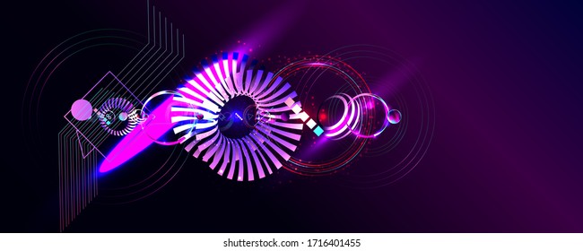 Dark retro futuristic art neon abstraction background cosmos new art 3d starry sky glowing galaxy and planets blue circles