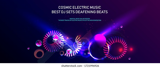 Dark retro futuristic art neon abstraction background cosmos new art 3d starry sky glowing galaxy and planets blue circles