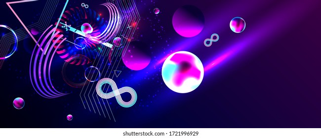 Dark retro futuristic art neon abstraction background cosmos new art 3d starry sky glowing galaxy and planets blue circles