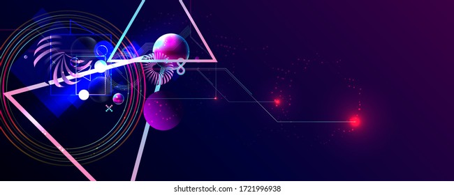 Dark retro futuristic art neon abstraction background cosmos new art 3d starry sky glowing galaxy and planets blue circles