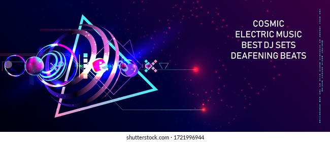 Dark retro futuristic art neon abstraction background cosmos new art 3d starry sky glowing galaxy and planets blue circles