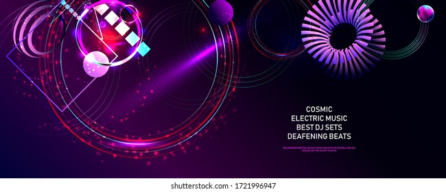 Dark retro futuristic art neon abstraction background cosmos new art 3d starry sky glowing galaxy and planets blue circles
