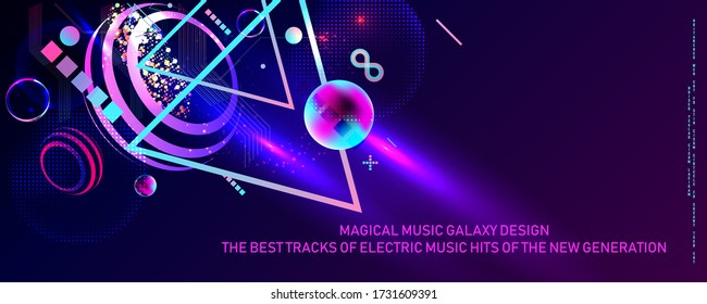 Dark retro futuristic art neon abstraction background cosmos new art 3d starry sky glowing galaxy and planets blue circles