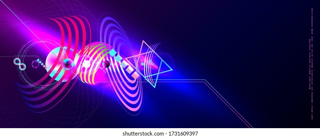 Dark retro futuristic art neon abstraction background cosmos new art 3d starry sky glowing galaxy and planets blue circles