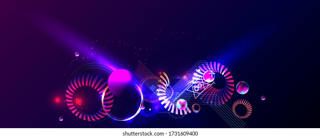 Dark retro futuristic art neon abstraction background cosmos new art 3d starry sky glowing galaxy and planets blue circles
