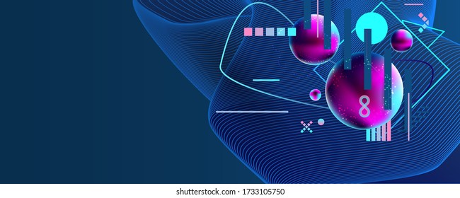 Dark retro futuristic art neon abstraction background cosmos new art 3d starry sky glowing galaxy and planets blue circles