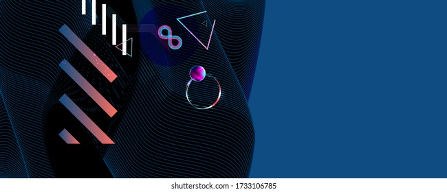 Dark retro futuristic art neon abstraction background cosmos new art 3d starry sky glowing galaxy and planets blue circles
