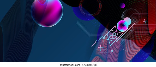 Dark retro futuristic art neon abstraction background cosmos new art 3d starry sky glowing galaxy and planets blue circles