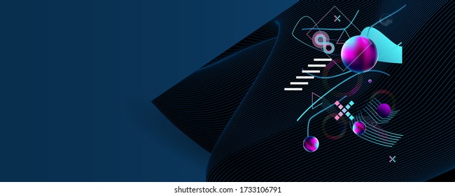 Dark retro futuristic art neon abstraction background cosmos new art 3d starry sky glowing galaxy and planets blue circles