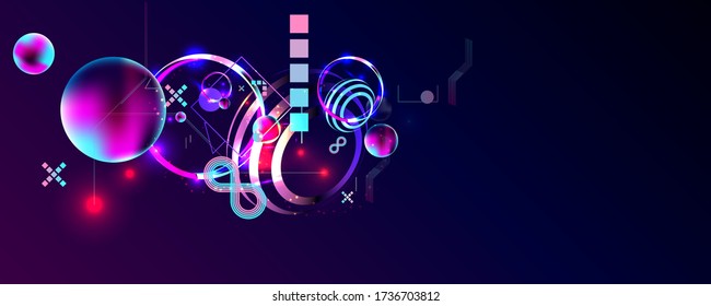 Dark retro futuristic art neon abstraction background cosmos new art 3d starry sky glowing galaxy and planets blue circles