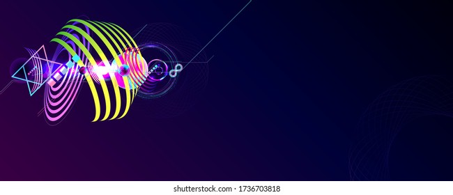 Dark retro futuristic art neon abstraction background cosmos new art 3d starry sky glowing galaxy and planets blue circles