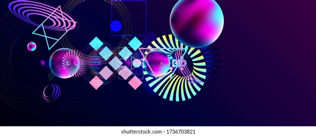 Dark retro futuristic art neon abstraction background cosmos new art 3d starry sky glowing galaxy and planets blue circles