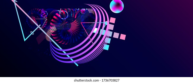 Dark retro futuristic art neon abstraction background cosmos new art 3d starry sky glowing galaxy and planets blue circles