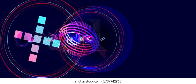 Dark retro futuristic art neon abstraction background cosmos new art 3d starry sky glowing galaxy and planets blue circles