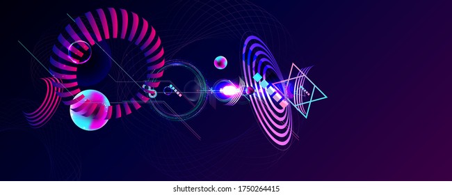 Dark retro futuristic art neon abstraction background cosmos new art 3d starry sky glowing galaxy and planets blue circles