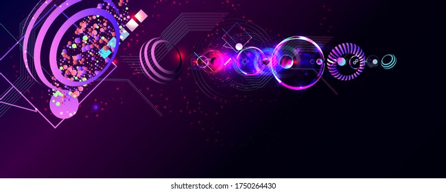 Dark retro futuristic art neon abstraction background cosmos new art 3d starry sky glowing galaxy and planets blue circles
