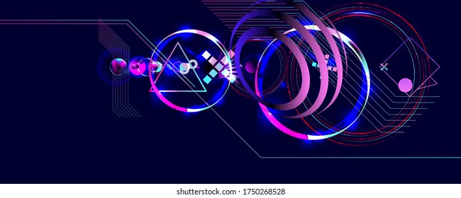 Dark retro futuristic art neon abstraction background cosmos new art 3d starry sky glowing galaxy and planets blue circles