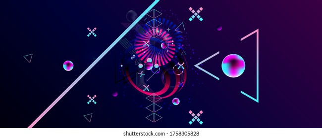 Dark retro futuristic art neon abstraction background cosmos new art 3d starry sky glowing galaxy and planets blue circles