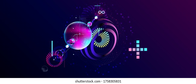 Dark retro futuristic art neon abstraction background cosmos new art 3d starry sky glowing galaxy and planets blue circles