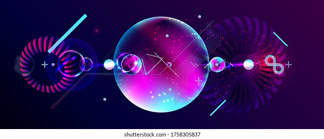 Dark retro futuristic art neon abstraction background cosmos new art 3d starry sky glowing galaxy and planets blue circles