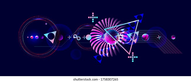  Dark retro futuristic art neon abstraction background cosmos new art 3d starry sky glowing galaxy and planets blue circles