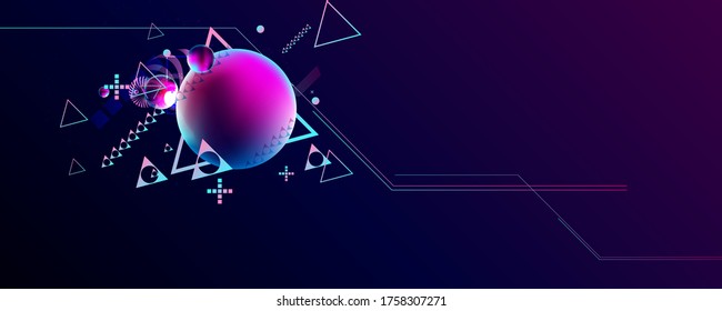  Dark retro futuristic art neon abstraction background cosmos new art 3d starry sky glowing galaxy and planets blue circles