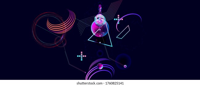 Dark retro futuristic art neon abstraction background cosmos new art 3d starry sky glowing galaxy and planets blue circles