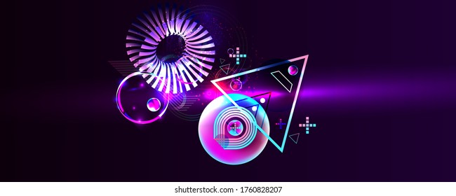 Dark retro futuristic art neon abstraction background cosmos eps 10 3d starry sky glowing galaxy and planets blue circles 