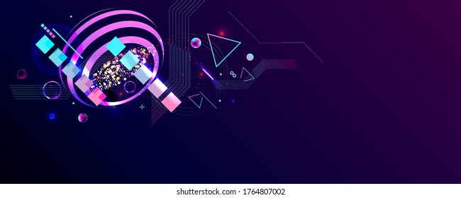 Dark retro futuristic art neon abstraction background cosmos new art 3d starry sky glowing galaxy and planets blue circles