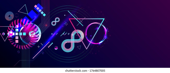 Dark retro futuristic art neon abstraction background cosmos new art 3d starry sky glowing galaxy and planets blue circles