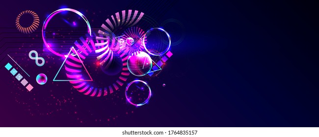 Dark retro futuristic art neon abstraction background cosmos new art 3d starry sky glowing galaxy and planets blue circles