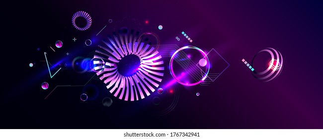 Dark retro futuristic art neon abstraction background cosmos new art 3d starry sky glowing galaxy and planets blue circles