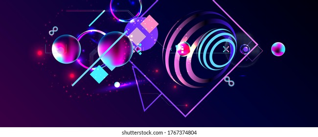 Dark retro futuristic art neon abstraction background cosmos new art 3d starry sky glowing galaxy and planets blue circles