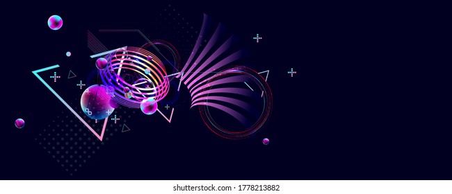 Dark retro futuristic art neon abstraction background cosmos new art 3d starry sky glowing galaxy and planets blue circles