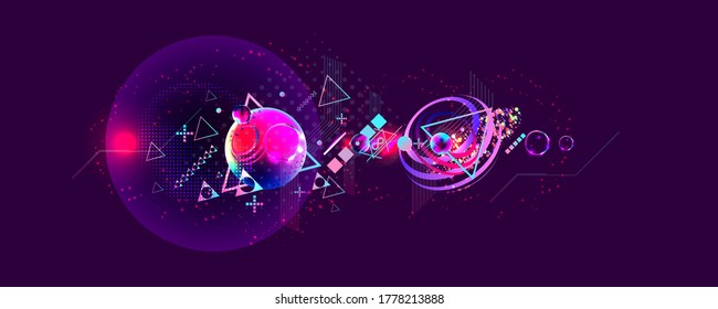 Dark retro futuristic art neon abstraction background cosmos new art 3d starry sky glowing galaxy and planets blue circles