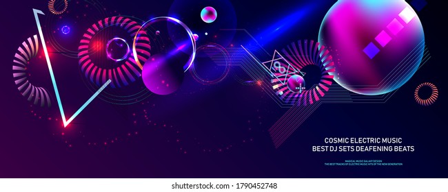 Dark retro futuristic art neon abstraction background cosmos new art 3d starry sky glowing galaxy and planets blue circles
