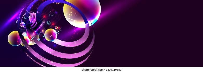 Dark retro futuristic art neon abstraction background cosmos new art 3d starry sky glowing galaxy and planets blue circles