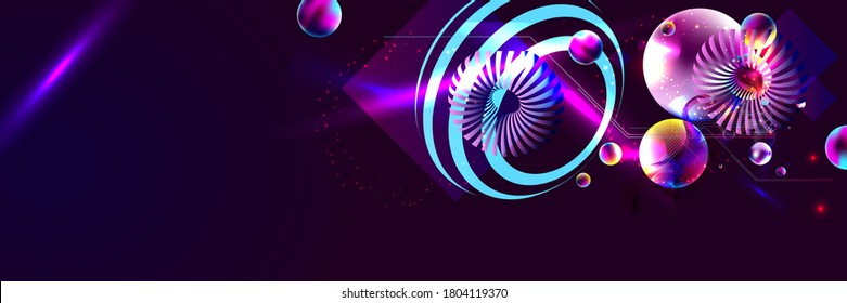 Dark retro futuristic art neon abstraction background cosmos new art 3d starry sky glowing galaxy and planets blue circles