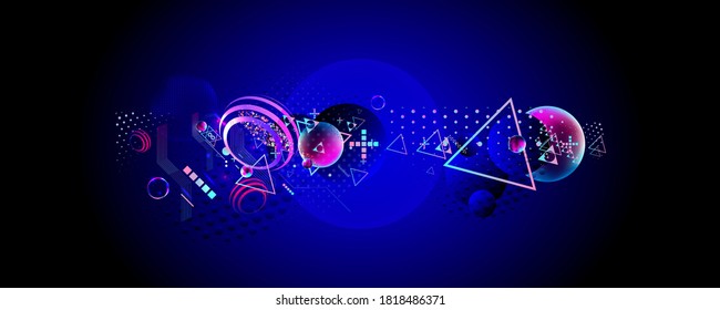 Dark retro futuristic art neon abstraction background cosmos new art 3d starry sky glowing galaxy and planets blue circles