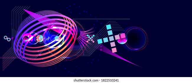 Dark retro futuristic art neon abstraction background cosmos new art 3d starry sky glowing galaxy and planets blue circles