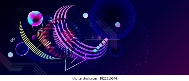 Dark retro futuristic art neon abstraction background cosmos new art 3d starry sky glowing galaxy and planets blue circles