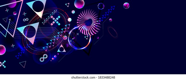 Dark retro futuristic art neon abstraction background cosmos new art 3d starry sky glowing galaxy and planets blue circles