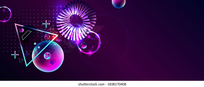 Dark retro futuristic art neon abstraction background cosmos new art 3d starry sky glowing galaxy and planets blue circles