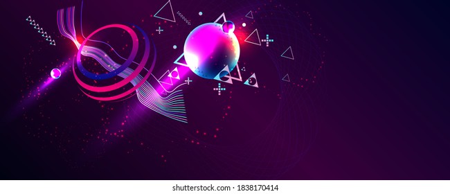 Dark retro futuristic art neon abstraction background cosmos new art 3d starry sky glowing galaxy and planets blue circles