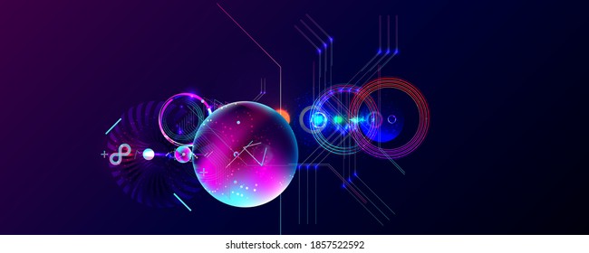 Dark retro futuristic art neon abstraction background cosmos new art 3d starry sky glowing galaxy and planets blue circles, banner, poster, social media, cover, ad, landing page